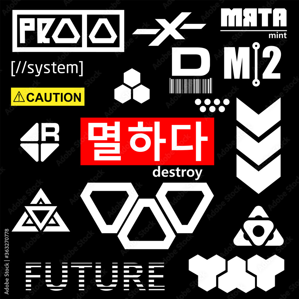 Fototapete cyberpunk elements. sign and text in cyberpunk style for cloth and interface. english and korean ins