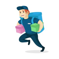 Delivery man running with holding packed and bag. vector illustration
