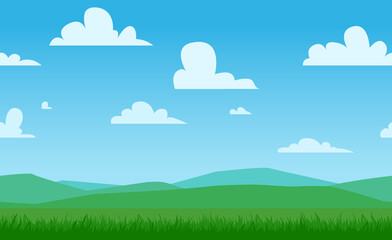 Meadow and mountains landscape repeated border. Vector design.  