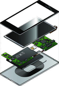 An Exploded Diagram Showing The Internal Components Of A Smart Phone With A Wireless Charging Induction Loop.