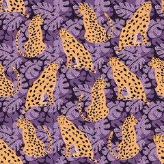 Cheetah Cheetah and Monstera Leaves - 363271719