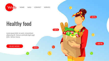 Website design for grocery store, shopping, ordering, healthy food, supermarket. Woman carrying grocery bag. Vector illustration for banner, commercial, advertising.