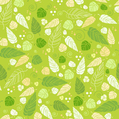 Vector seamless pattern of leaves and berries. Green, burgundy colors. Background for textile, cloth design, book and diary covers, wallpapers, print, gift packaging and scrapbook