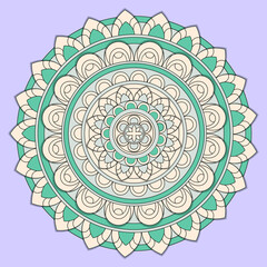 Vector Indian ornament. Mandala in mint and beige color. 