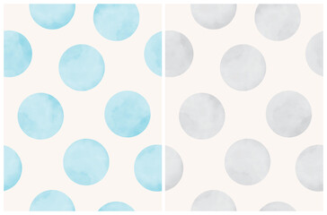 Cute Hand Drawn Abstract Irregular Polka Dots Vector Patterns. Gray and Blue Watercolor Style Dots on an Off-White Background. Bright Simple Dotted Repeatable Print. Pastel Color Geometric Backdrop.