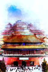 Sketch and Drawing Digital water color of aerial view of ancient palaces in the forbidden city in sunset background, Beijing, China