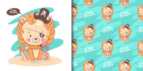 hand drawn a cute baby lion with pirate custom and pattern set