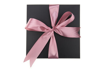 Black gift box with pink ribbon on white background. Top view.