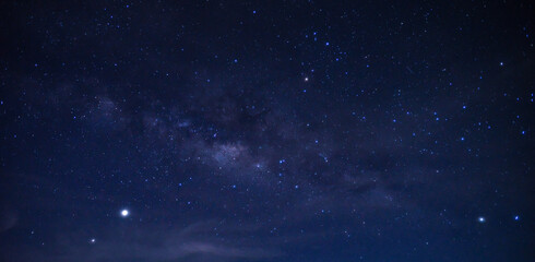 Panorama blue night sky milky way and star on dark background.Universe filled, nebula and galaxy.Many stars on dark night with noise , White clouds obscured and disturbed.