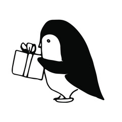 Black and white vector penguin with a gift for Christmas and New Year design. Hand-drawn cute characters of funny polar in cartoon style.