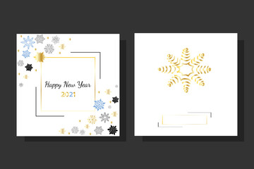 White square greeting card 2021 Happy New Year with snowflakes and frames for invitations, party, holidays and business with space for text, logo or name of compan