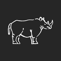 Rhinoceros chalk white icon on black background. Exotic horned animal, african fauna. Tropical zoo mascot, endangered species. Zoology, safari. Large rhino isolated vector chalkboard illustration