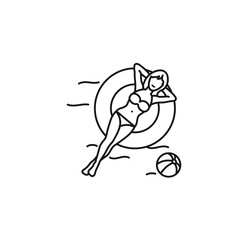Bikini girl relaxing on float in pool vector line icon