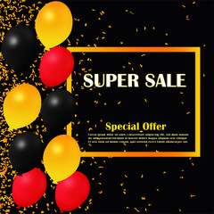 vector illustration of new year background.golden,black and red balloons with golden confetti.sales poster.flyer for sale.