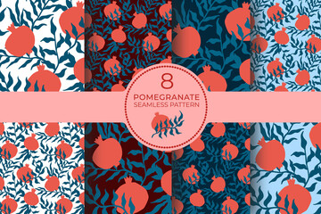 Pomegranate seamless pattern set with leaves. Floral vector illustration of abstract doodle and scandinavian fruits. Garnet armenian pattern collection. The elegant template for fashion prints.
