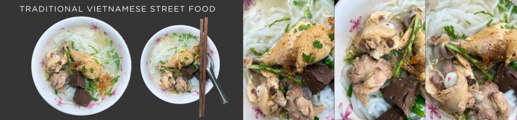 A traditional Vietnamese street food, noodle soup of recipe: chicken drumstick, pepper and onion - obrazy, fototapety, plakaty