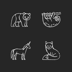 Common and fantasy animals chalk white icons set on black background. Panda bear, sloth, fox and magic unicorn. Tropical zoo inhabitants, exotic wildlife. Isolated vector chalkboard illustrations