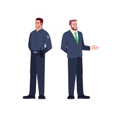 Bank employees semi flat RGB color vector illustration set. Businessman in suit. Police officer. Financial advisor and security guard isolated cartoon character on white background collection