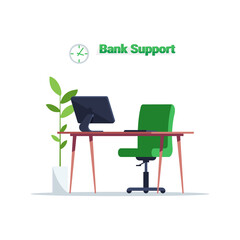 Bank support manager workplace semi flat RGB color vector illustration. Desk with computer for online consultation. Financial department workspace furniture isolated cartoon object on white background