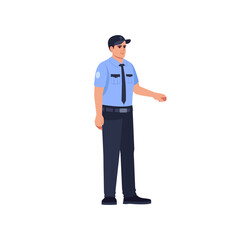 Police officer in uniform semi flat RGB color vector illustration. Male guard. Bank security man. Law enforcement representative. Policeman isolated cartoon character on white background