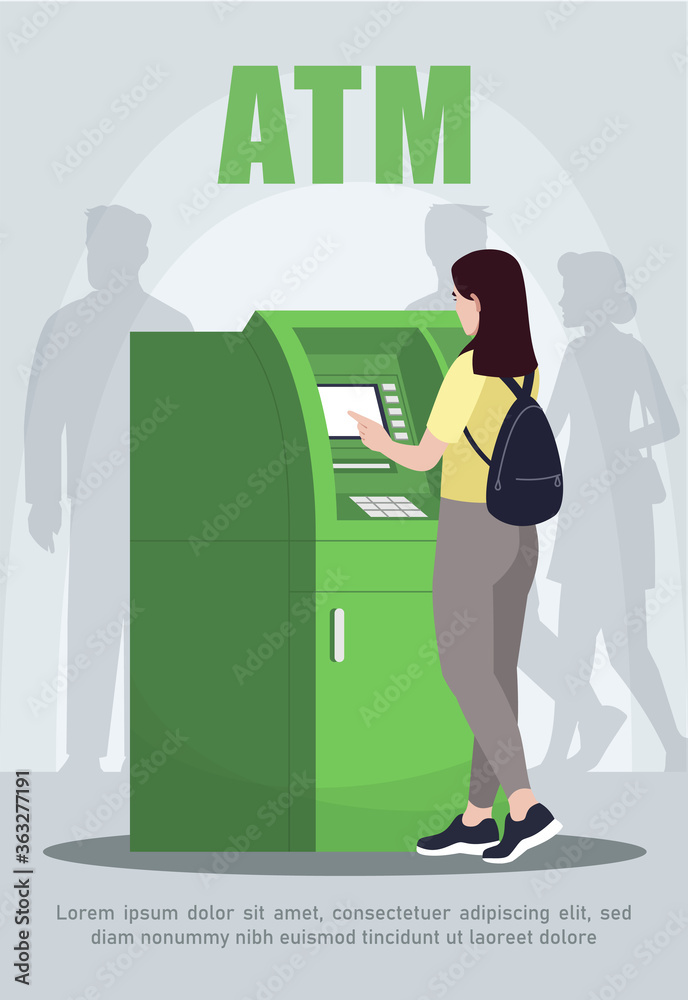 Wall mural ATM poster template. Available money withdrawal. Terminal for money. Commercial flyer design with semi flat illustration. Vector cartoon promo card. Banking services advertising invitation