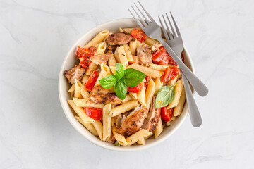 Penne Pasta in White Sauce with Chicken and Basil Leaves