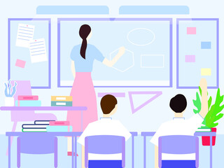 Teacher explains material to his students, vector graphics