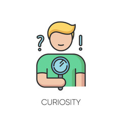 Curiosity RGB color icon. Human feeling, personal quality. Search for answer, problem solution. Curious person holding magnifying glass. Isolated vector illustration