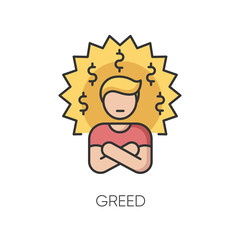 Greed RGB color icon. Bad personal trait, negative quality,. Feeling of avarice, lust for money. Greedy businessman, corrupted person isolated vector illustration