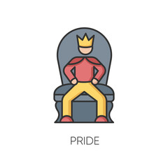 Pride RGB color icon. Arrogant behaviour, feeling of self importance. High minded, haughty temperament. Proud person sitting on throne isolated vector illustration