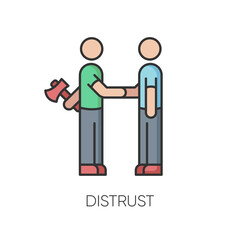 Distrust RGB color icon. Lack of trust, insecurity, betrayal. Negative mindset. Untrustworthy behaviour. Shaking hands with traitor isolated vector illustration