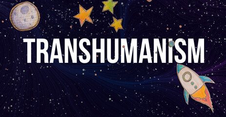 Transhumanism theme with space background with a rocket, moon, and stars