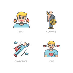 Good feelings and qualities RGB color icons set. Positive mood, emotions and personality traits. Confidence, courage, lust and love. Isolated vector illustrations