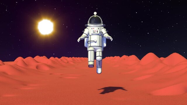 Spaceman in spacesuit run with low gravity on Mars surface front view. Astronaut game character. 3D render looped animation.