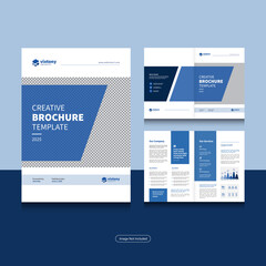 Clean corporate business bi fold brochure design template with modern, minimal and abstract shapes in A4 format