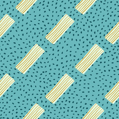 Straight rectangles with green lines on blue background and black dots. Childish seamless pattern.