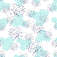 Fototapeta na wymiar Light blue elements with wavy lines and splashes on white background. Abstract seamless pattern.