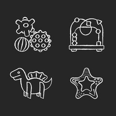 Children sensory toys chalk white icons set on black background. Textured balls and bead maze. Fine and gross motor skills. Early childhood development. Isolated vector chalkboard illustrations