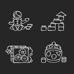 Sensory toys for toddlers chalk white icons set on black background. Baby doll with tea set. Educational toys for children early development. Isolated vector chalkboard illustrations
