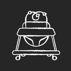 Baby walker chalk white icon on black background. Leg learning and walking development device for toddlers. Gross motor skills stimulation. Isolated vector chalkboard illustration