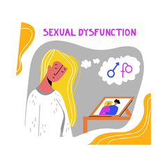 Young woman who is sad looking at family photo with her husband. Symbols of man, woman are shown on top, sign woman is changed, which means problems. Concept sexual dysfunction, frigidity, impotence.