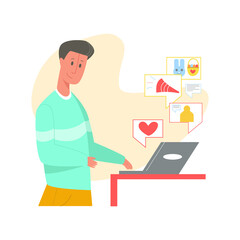 Vector flat illustration with young man who communicates and works on laptop, over Internet. Concept social networks, training, remote work, online communication. Square format. Web design, banners.