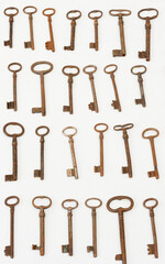 A collection of old rusty iron keys on a white background.