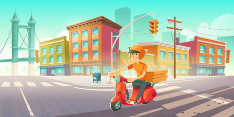 Obraz na płótnie Canvas Delivery man on scooter with pizza boxes drives on city street. Vector cartoon cityscape with boy on red motorcycle on road. Courier boy on moped deliver fast food from restaurant