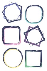 A set of 6 different isolated frames for graphic design, social media design. Frames are square, pentagonal, and round. Blue grunge lines drawn with a brush. Colored shadows of pleasant pastel tones