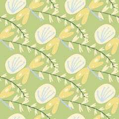Random botanic seamlless pattern with twigs, blowballs and damselflyes. In green, yellow, blue and pink pastel tones.
