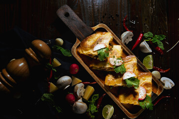 Organic Mexican Quesadilla  fusion with spicy Thai tom tum seafood  with mushroom, lime, garlic and...