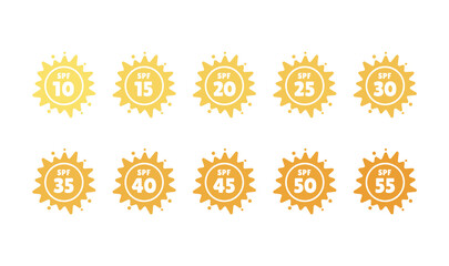 Set of flat SPF sun protection labels or stickers isolated on white background. Icons for sunscreen or tan products and skin cosmetics. - Vector illustration