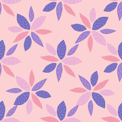 Spring seamless pattern with geometric flowers in blue and pink colors. Light pink background. Scandinavian style.