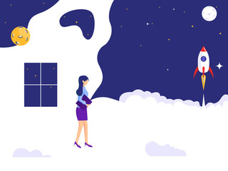 Woman walking near the window holding a laptop. rocket launch into space. Landing page vector illustration.